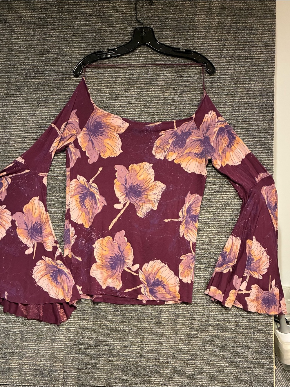 Free People Women's Floral Bell-Sleeve Top - Burgundy - Picture 7 of 11